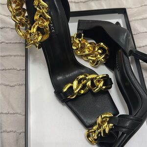 Versace Black Leather High Heels with Gold Chain Detail